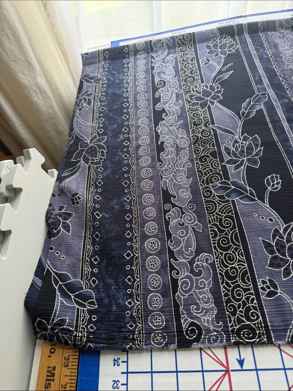 Vintage 1980s Crinkle Crepe Fabric Asian Floral Stripe Black Blue 3 1/3 Yds